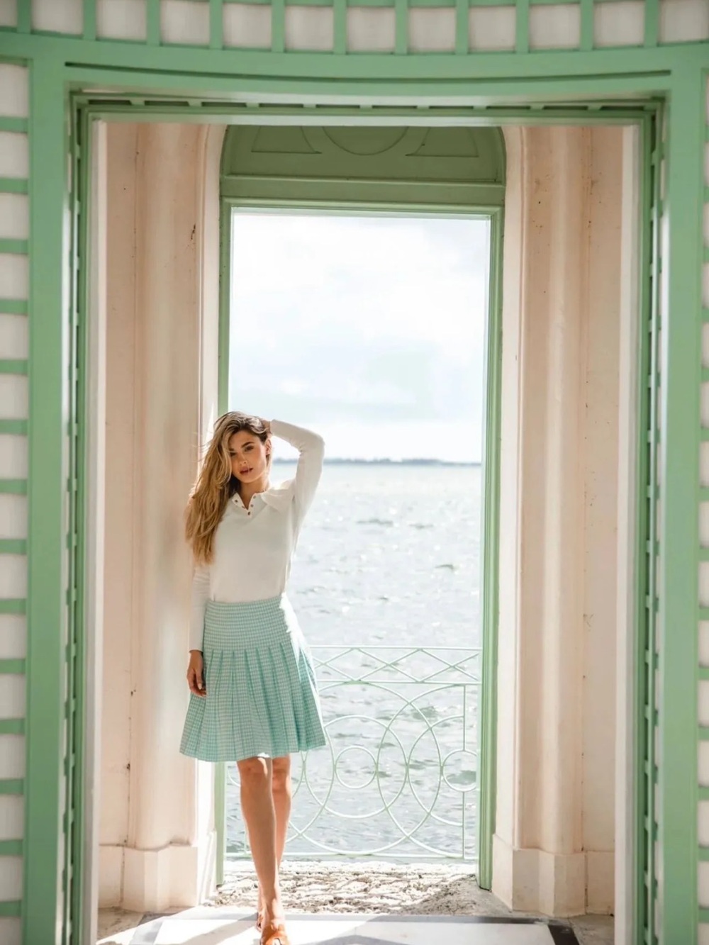 Pleated Mint Check A-Line Houndstooth Skirt - Women
